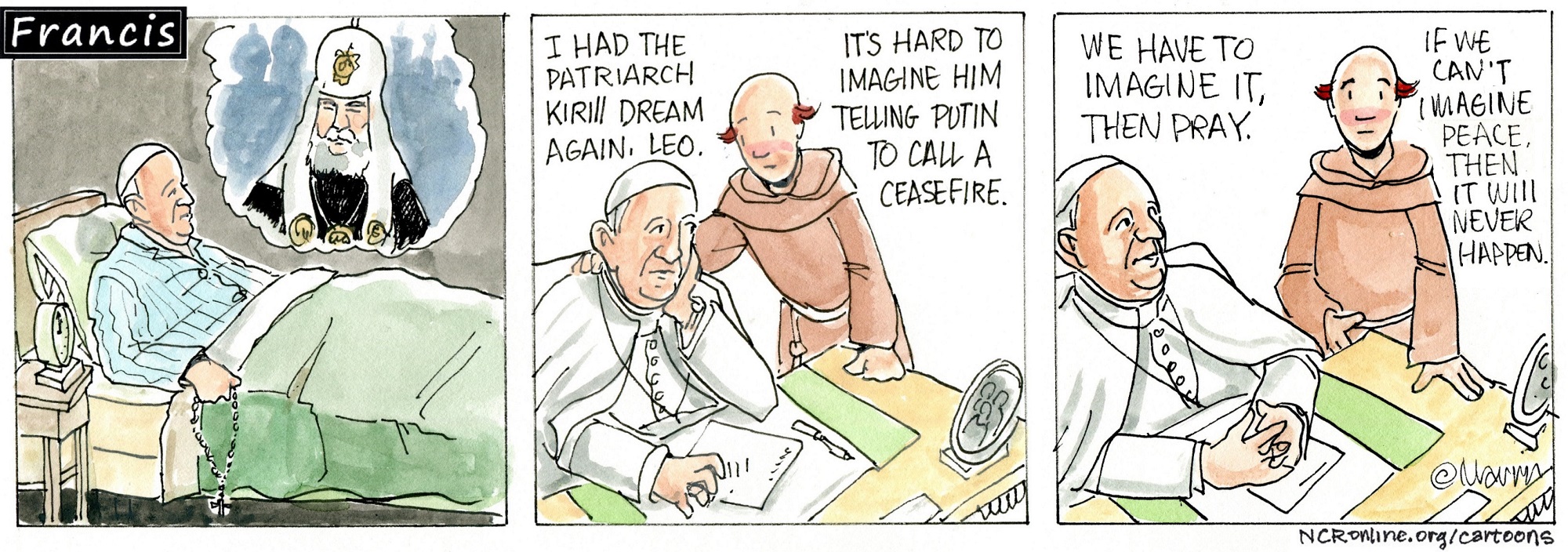 Francis, the comic strip: Francis has the Patriarch Kirill dream again.