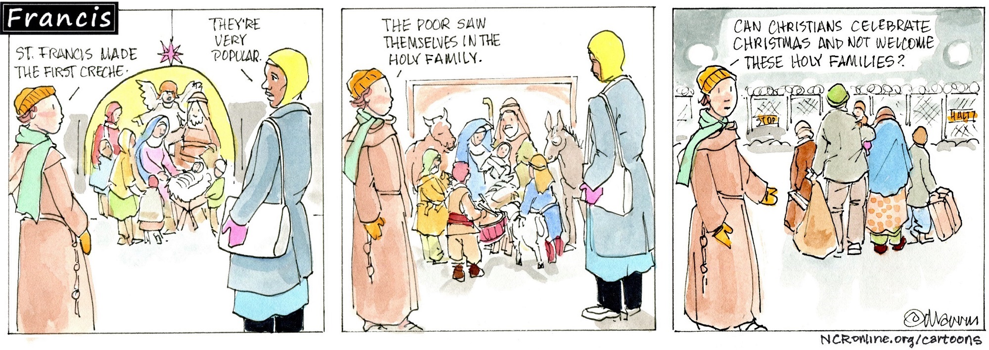 Francis, the comic strip: The Holy Family in the crèche reminds us of others who need welcome.
