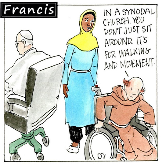 Francis, the comic strip: In a synodal church, you don't just sit around. It's for walking and movement.