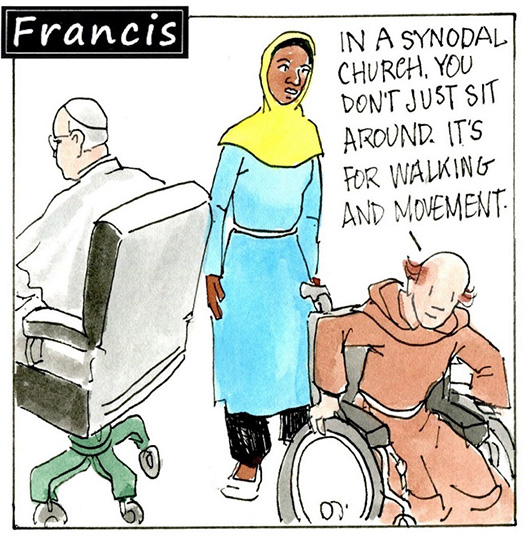 Francis, the comic strip: In a synodal church, you don't just sit around. It's for walking and movement. Francis, the comic strip: In a synodal church, you don't just sit around. It's for walking and movement.