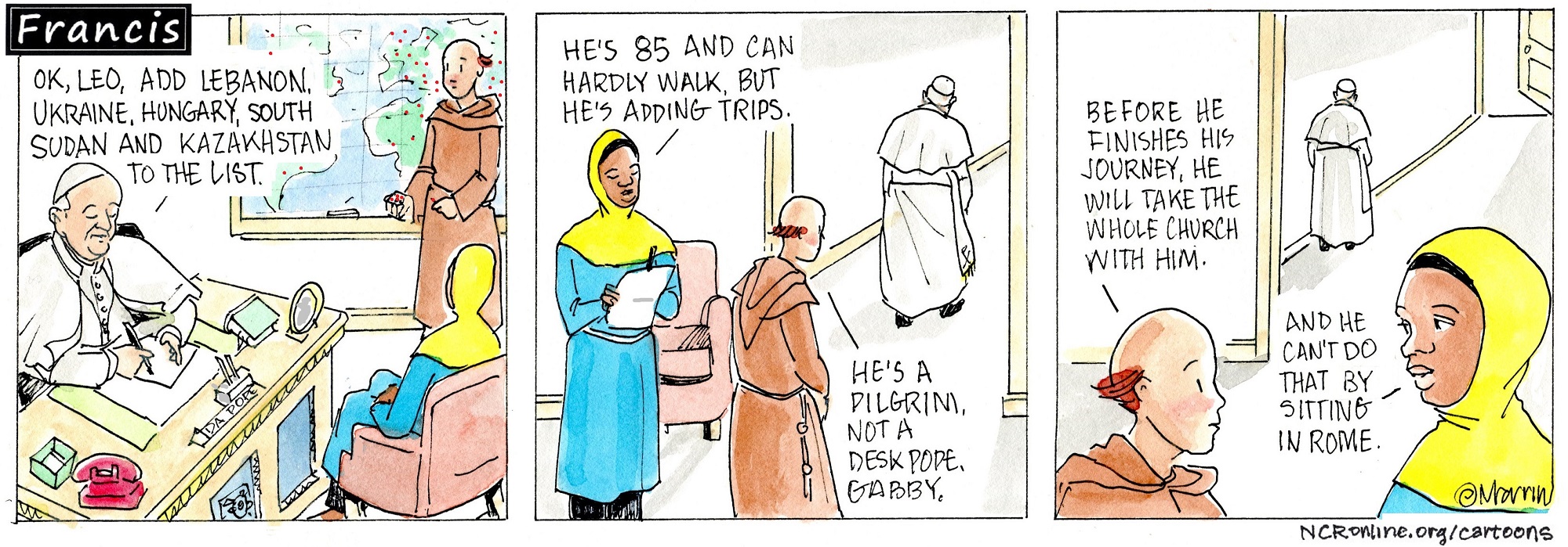 Francis, the comic strip: Francis plans more trips before finishing his journey.