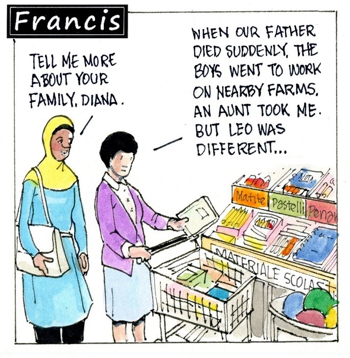 Francis, the comic strip: Brother Leo's sister, Diana, shares some secrets from their family's past.