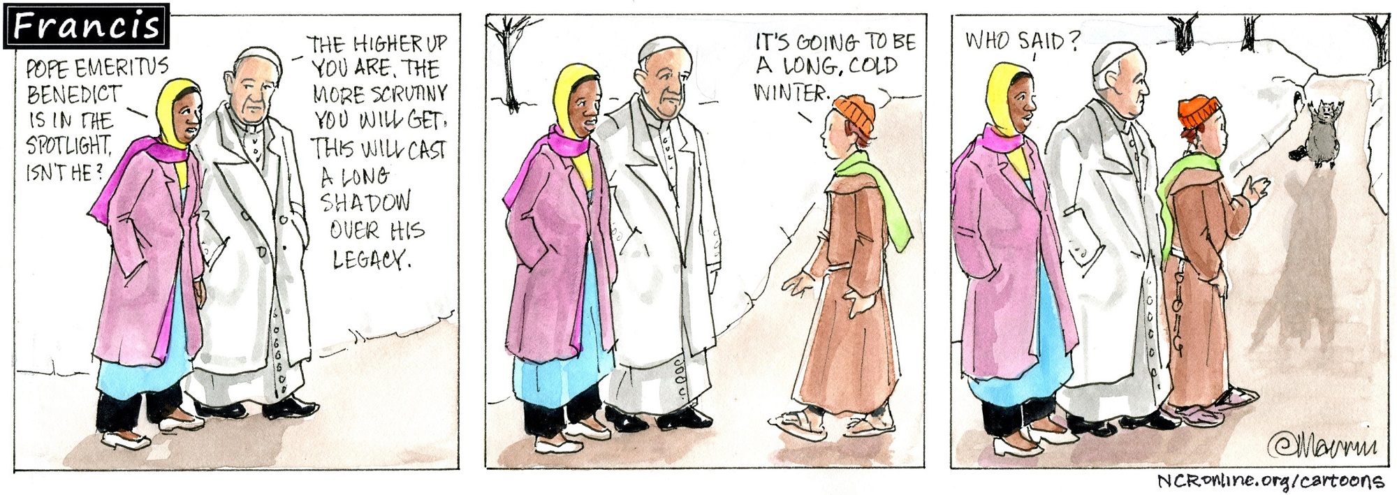 Francis, the comic strip: Pope Emeritus Benedict is in the spotlight, with a long shadow cast over his legacy.