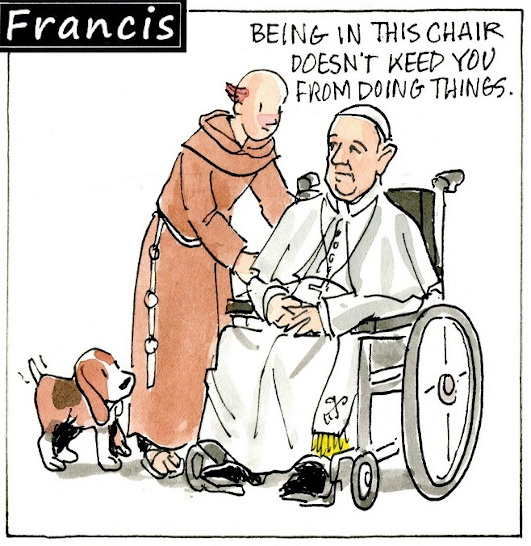 Francis, the comic strip: Brother Leo reminds Francis he still has a lot of work to do.