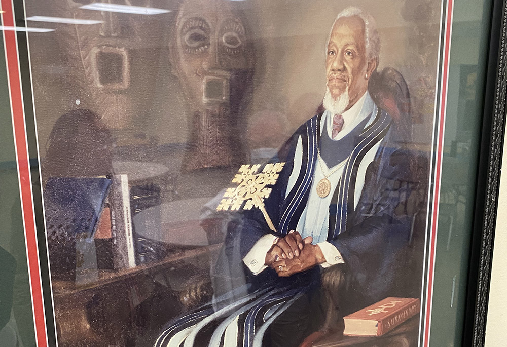 A painting of Fr. Clarence Joseph Rivers is pictured at St. Joseph Catholic Church in Cincinnati, where he served as associate pastor and where he began composing music. (Courtesy of Emily Strand) A painting of Fr. Clarence Joseph Rivers is pictured at St. Joseph Catholic Church in Cincinnati, where he served as associate pastor and where he began composing music. (Courtesy of Emily Strand)