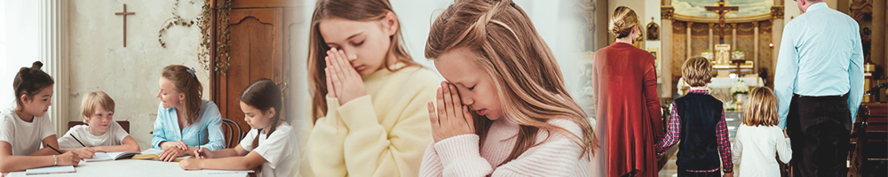 children listening to religion teacher and praying