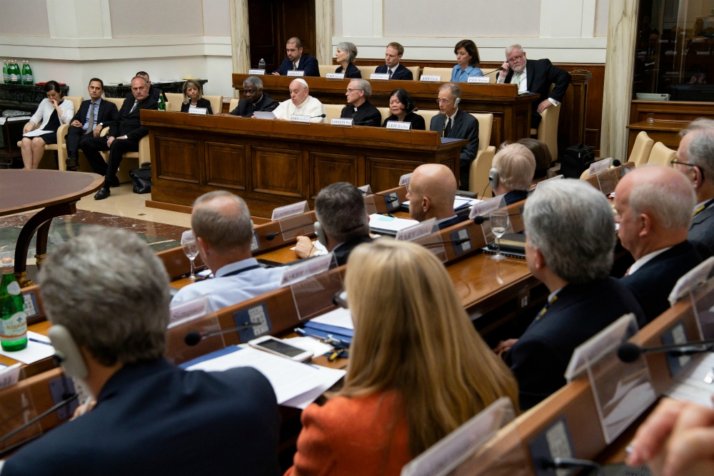 Pope Francis speaks June 14 to executives of leading energy companies meeting at the Vatican to discuss mitigating the effects of climate change. (CNS/Vatican Media)