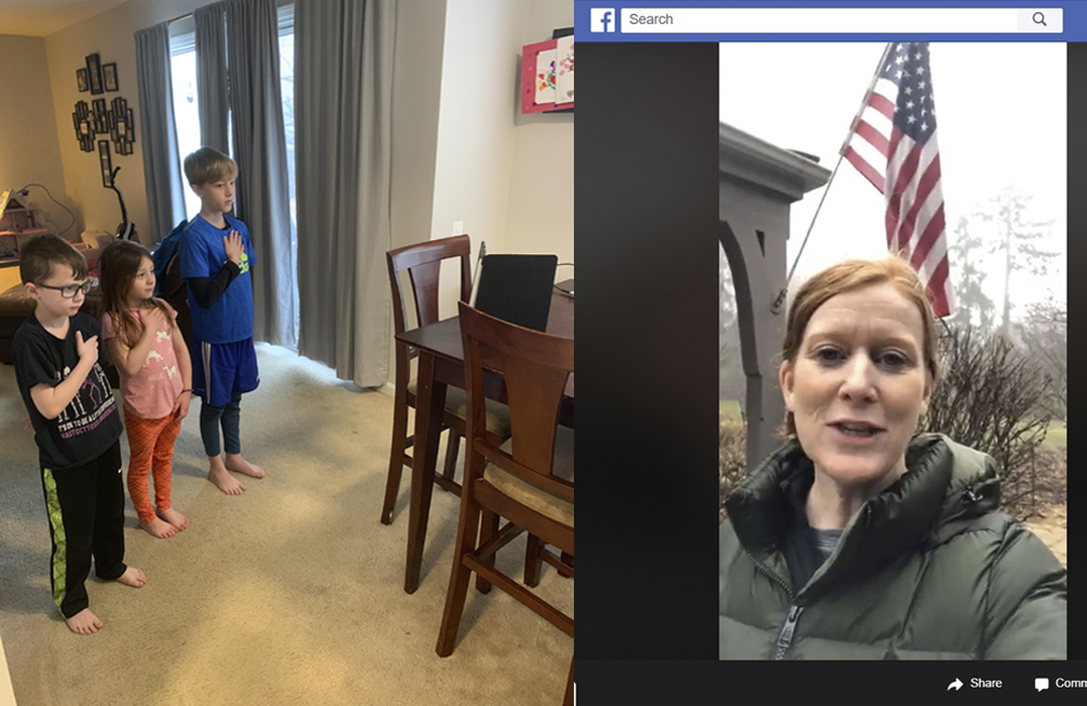 Jaxon, Avri and Brayden, students at Holy Family Catholic Academy, stand for the Pledge of Allegiance in their dining room and watch on a tablet their principal Catherine O'Brien (left) lead the school via Facebook Live outside her own home. Jaxon, Avri and Brayden, students at Holy Family Catholic Academy, stand for the Pledge of Allegiance in their dining room and watch on a tablet their principal Catherine O'Brien (left) lead the school via Facebook Live outside her own home.