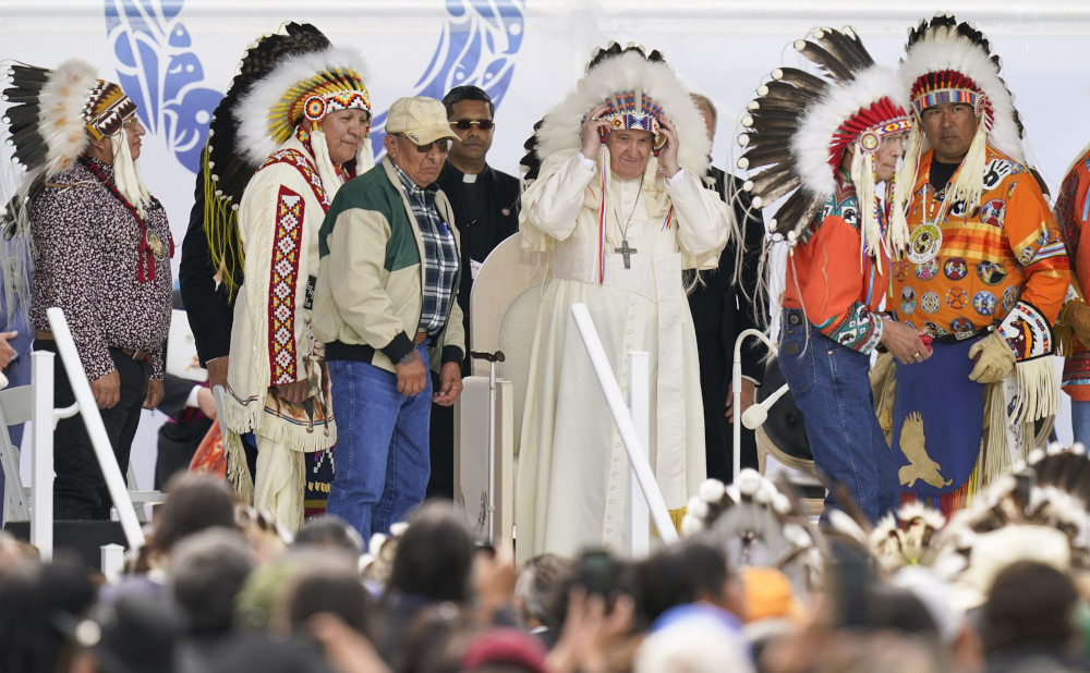 Pope Francis delivers his speech as he meets the Indigenous communities, including First Nations, Metis and Inuit, at Our Lady of Seven Sorrows Catholic Church in Maskwacis, near Edmonton, Canada, July 25, 2022. (AP Photo/Gregorio Borgia)