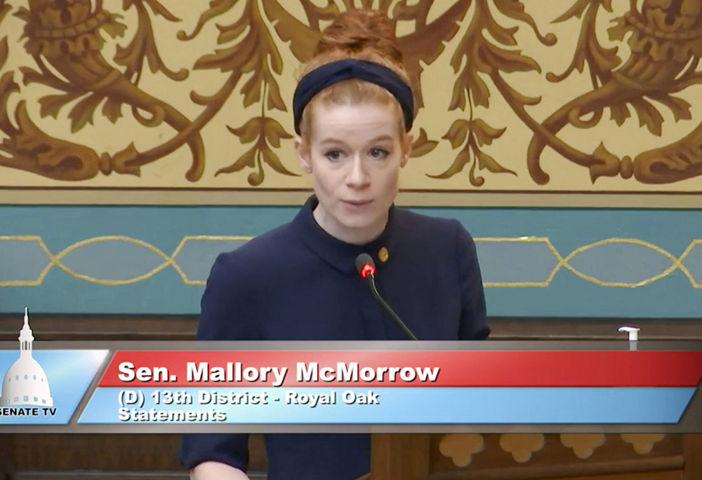 This image taken from video provided by the Michigan Senate shows Sen. Mallory McMorrow speaking on Tuesday, April 19. (RNS/AP/Michigan Senate)