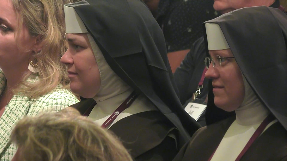 Two women religious listen to a panel discussion on what the future holds for the anti-abortion movement during the Napa Institute's annual summer conference, held July 27-31. (NCR screenshot)