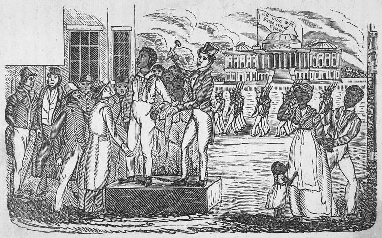 A slave auction is illustrated in the 1862 book Slavery in South Carolina and the Ex-Slaves by A.M. French. (New York Public Library Digital Collections)