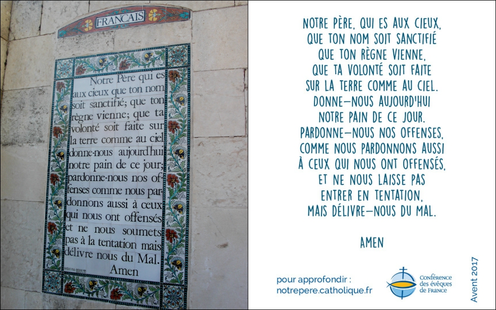 Left: The earlier French translation of the Lord's Prayer is seen at the Church of the Pater Noster in Jerusalem (Wikimedia Commons/Laubrière). Right: A brochure from the French bishops' conference gives the new translation.