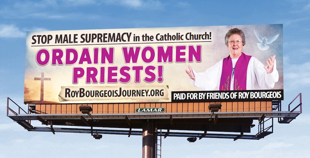 Billboards showing Judy Heffernan, who was ordained in 1980 by an intentional eucharistic community and is now a member of Southeastern Pennsylvania Women's Ordination and the Women's Ordination Conference, are up in New Orleans. (Lamar) Billboards showing Judy Heffernan, who was ordained in 1980 by an intentional eucharistic community and is now a member of Southeastern Pennsylvania Women's Ordination and the Women's Ordination Conference, are up in New Orleans. (Lamar)
