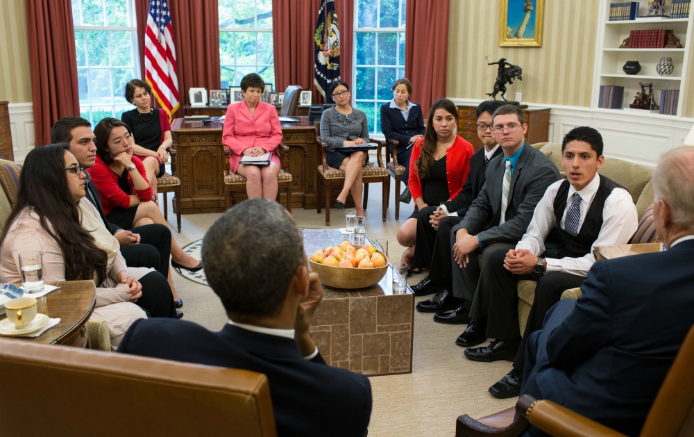 In May 2013 in the Oval Office, President Barack Obama and Vice President Joe Biden meet with young people who have benefited from the Deferred Action for Childhood Arrivals program and with U.S. citizen family members of undocumented immigrants.