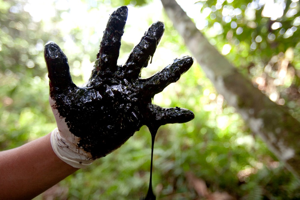 Los miembros de la comunidad local muestran la contaminación por petróleo crudo que se deja en los pozos de petróleo abiertos nunca remediados por las compañías petroleras estadounidenses, en Lago Agrio en Ecuador en esta imagen tomada en mayo de 2019.
