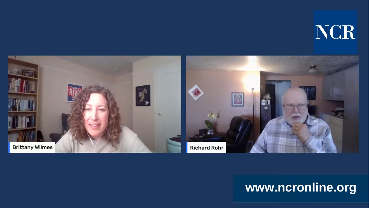 NCR's Brittany Wilmes, left, speaks with Fr. Richard Rohr in an NCR livestream conversation on March 31, posted to YouTube. (NCR screenshot)