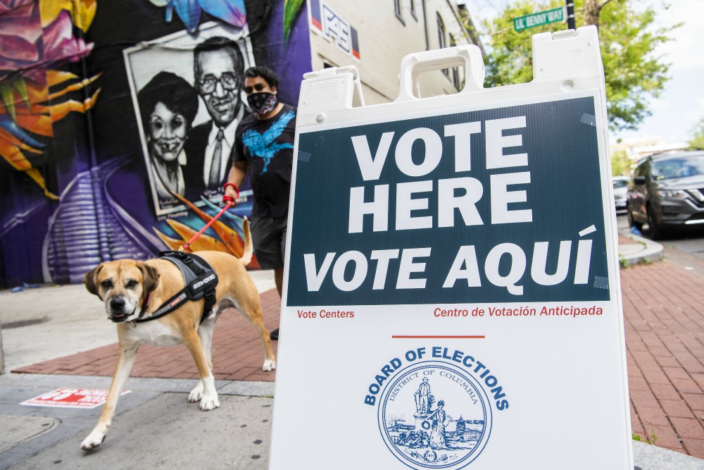 A sign is seen during early voting for the June 2 primary outside the Prince Hall Masonic Temple in Ward 1 in Washington, D.C., May 26. (CQ Roll Call/Tom Williams)