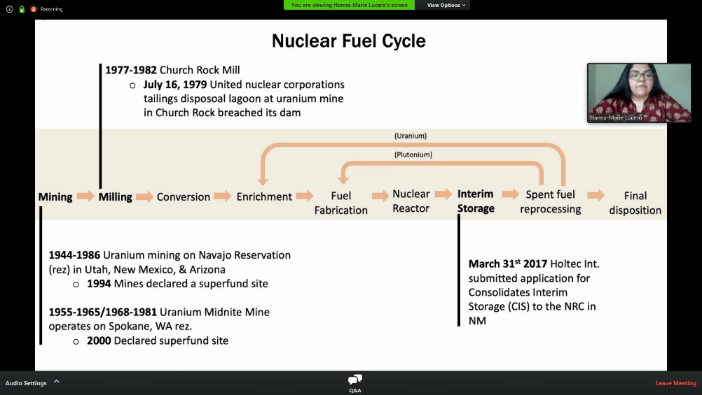 Hanna-Marie Lucero, a senior at Seattle University, presents on environmental racism in nuclear plants on indigenous lands as part of the Jesuit school's Earth Talks program for Earth Day 2020. (Screenshot) Hanna-Marie Lucero, a senior at Seattle University, presents on environmental racism in nuclear plants on indigenous lands as part of the Jesuit school's Earth Talks program for Earth Day 2020. (Screenshot)