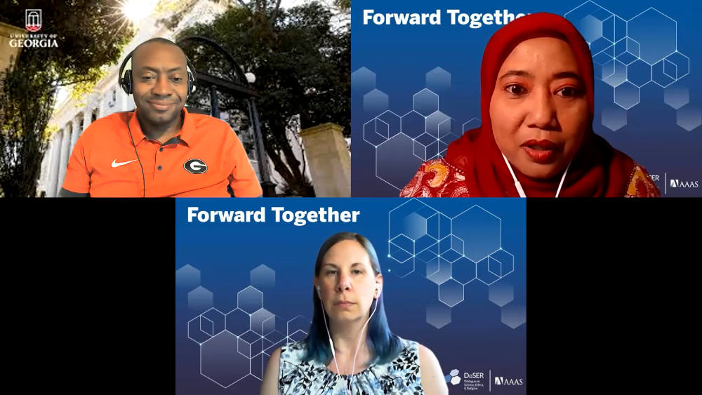 J. Marshall Shepherd of the University of Georgia, top left, and Nana Firman of GreenFaith, top right, along with moderator Emily Therese Cloyde of the American Association for the Advancement of Science (NCR screenshot) J. Marshall Shepherd of the University of Georgia, top left, and Nana Firman of GreenFaith, top right, along with moderator Emily Therese Cloyde of the American Association for the Advancement of Science (NCR screenshot)