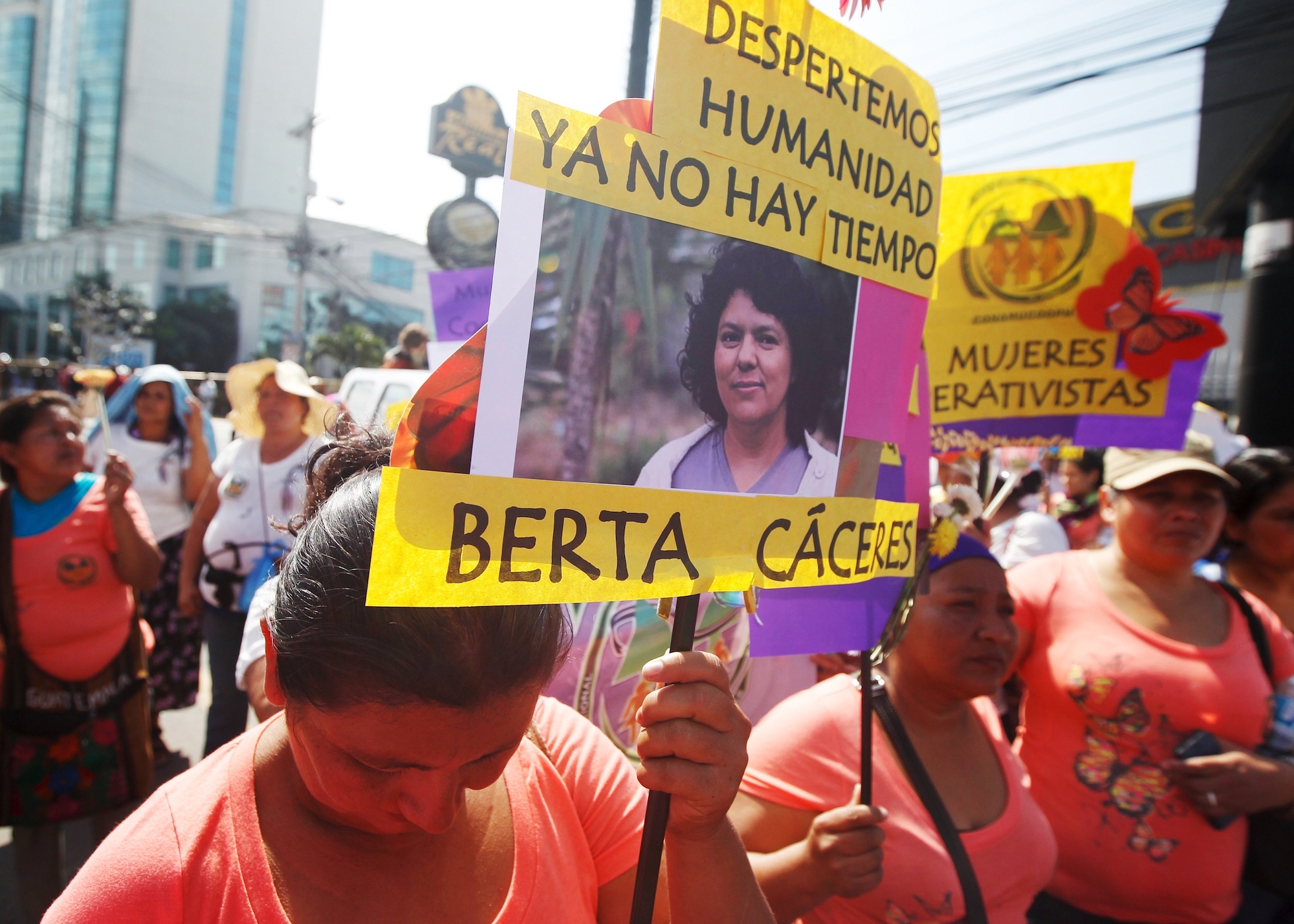 Women hold photo of slain Honduran environmental rights activist Berta Cáceres during protest in 2016. Honduras has not signed the Escazú Agreement, which took effect April 22 and protects people like Cáceres who stand up for human and environmental right