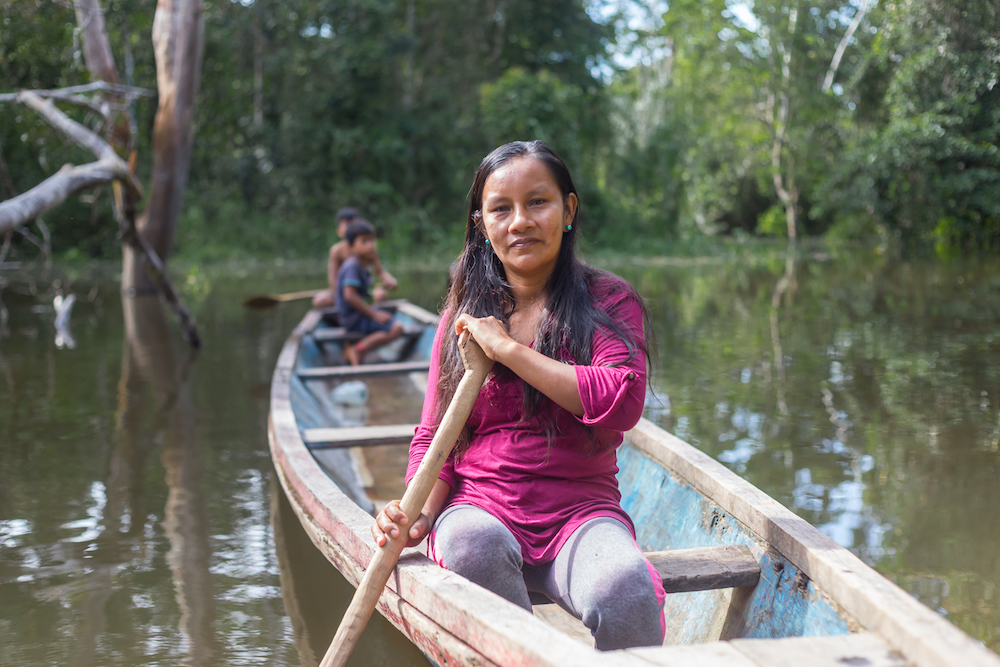Liz Chicaje Churay paddles a canoe near her home on the Ampiyacu River in Peru's northeastern Loreto region. (Goldman Environmental Prize)