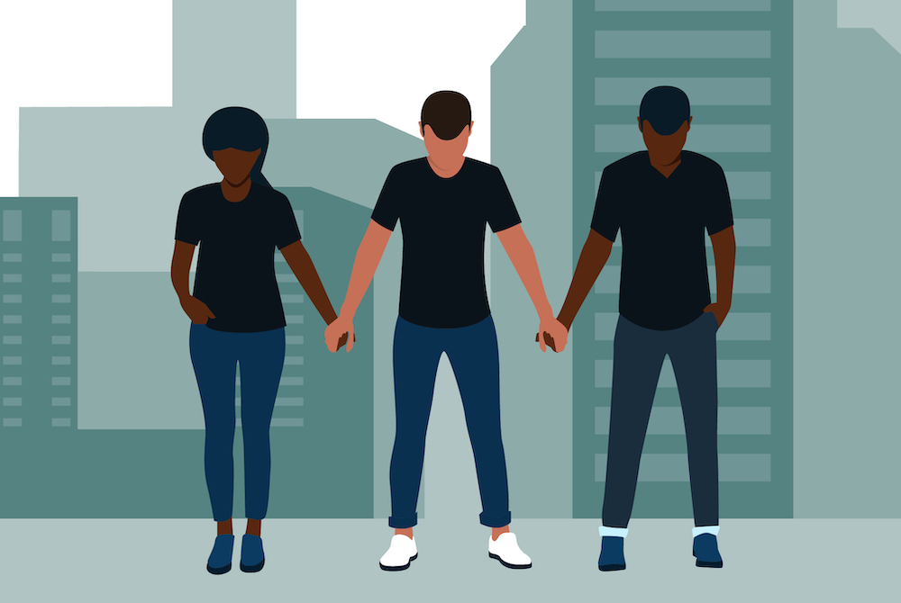 Illustration of three Black people holding hands in solidarity