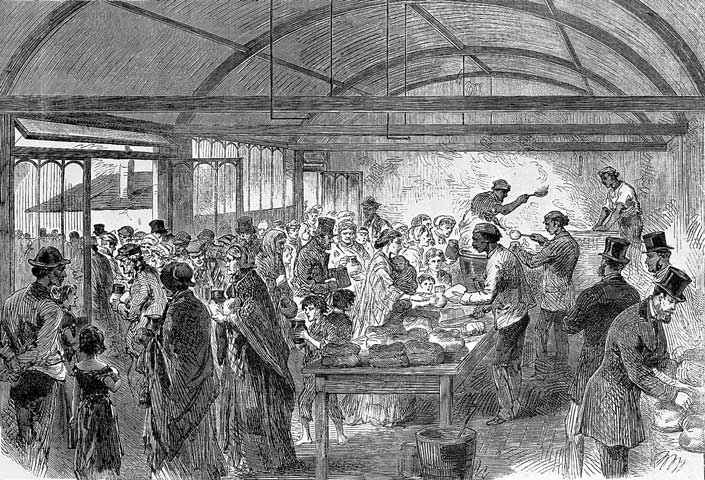 Soup is distributed to the poor in an 1868 image in The Illustrated London News. (Wellcome Library, London)