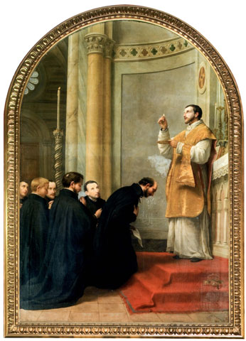 St. Peter Faber is depicted serving Communion in a 19th-century painting by Pietro Gagliardi. (CNS/Courtesy of Jesuit General Curia)