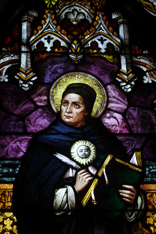 St. Thomas Aquinas is depicted in a window at St. Joseph Catholic Church in Central City, Ky. (Wikimedia Commons/Nheyob)
