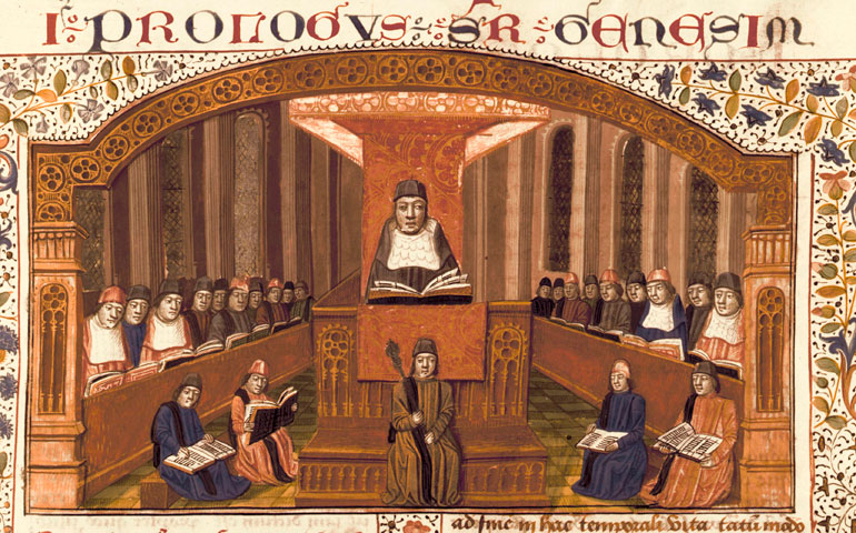 A 15th-century illumination depicts a theological lecture at the Sorbonne in Paris. (Newscom/akg-images)