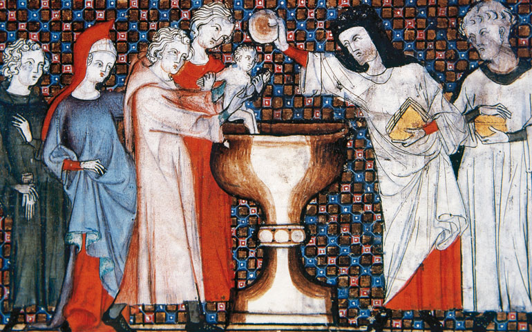A 14th-century French miniature shows the sacrament of baptism. (Newscom/Prisma)