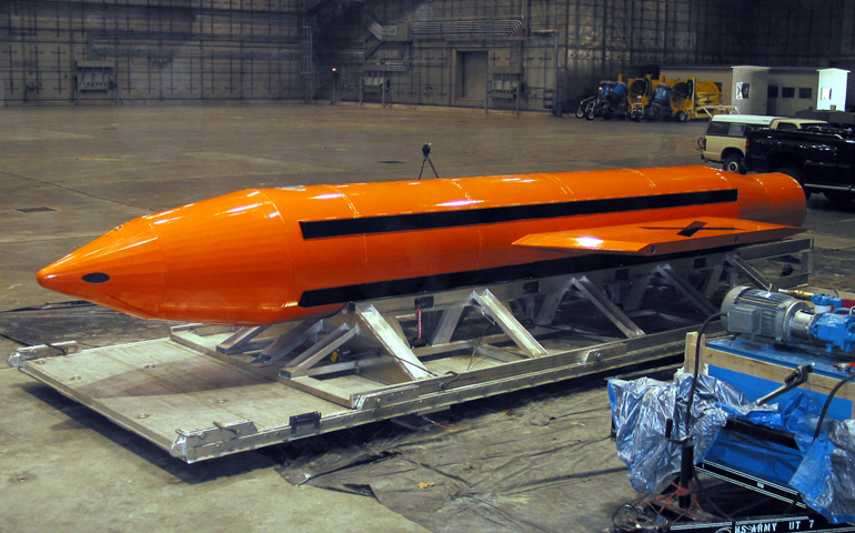 A Massive Ordnance Air Blast (also known as the Mother of All Bombs) weapon is prepared for testing, March 11, 2003, at the Eglin Air Force Armament Center.