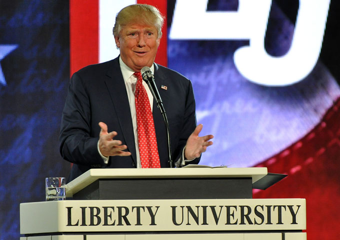 GOP presidential candidate Donald Trump speaks at Liberty University in Lynchburg, Va., Jan. 18. (Newscom/ZUMA Press/Tina Fultz)