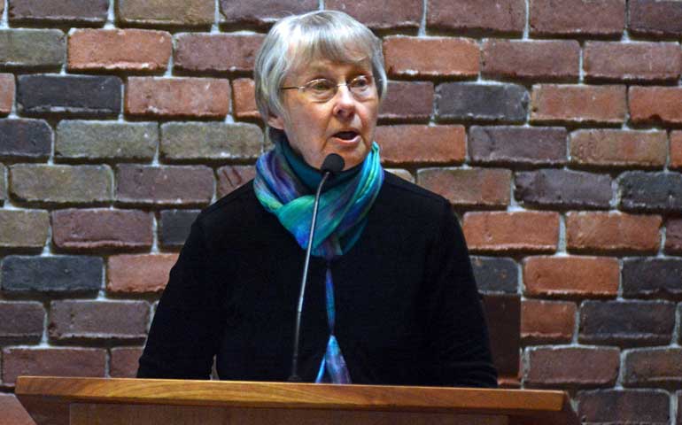 Evelyn Shellenberger, a former board member of the Goshen Biblical Seminary, speaks during a special service to acknowledge and apologize to the victims of John Howard Yoder March 22 at the Chapel of the Sermon on the Mount in Elkhart, Ind. (Sarah Welliver)