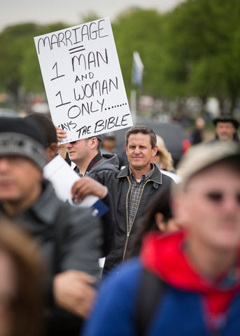 A man joins the third annual March for Marriage in Washington April 25, 2015. Among the sponsors of the march is the U.S. Conference of Catholic Bishops. (CNS/Tyler Orsburn)