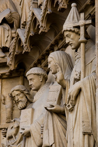 Saints adorn the Portal of the Virgin at Notre-Dame Cathedral in Paris. (Dreamstime)