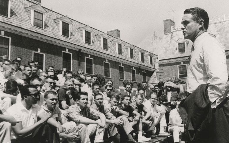 In June 1961, Sargent Shriver addresses an incoming group of Peace Corps volunteers before a six-week training program at Rutgers University in New Jersey. (Newscom/ZUMAPRESS/Keystone Pictures)