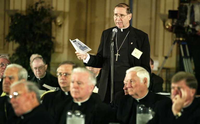 Los Angeles Cardinal Roger Mahony addresses the U.S. bishops as they wrap up their final day of meetings in St. Louis in June 2003. (CNS/Reuters)
