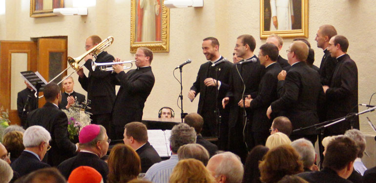 Seminarians provide after-dinner entertainment at the annual Rector's Dinner at the Pontifical North American College in Rome April 30. (Photos courtesy of the Pontifical North American College)