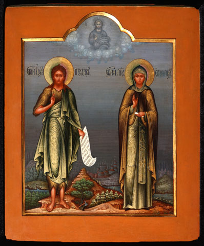 St. John the Baptist and St. Olympia the Deaconess, depicted in a 19th-century Russian Orthodox icon (Newscom/Fine Art Images/Heritage Images)