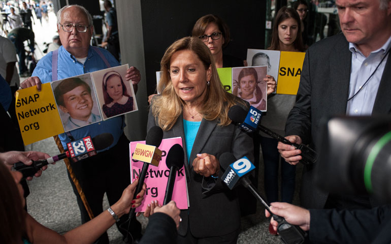Barbara Blaine, founder and president of Survivors Network of those Abused by Priests, speaks to the press in Chicago in June 2015. (Newscom/Polaris/Robert Kusel)
