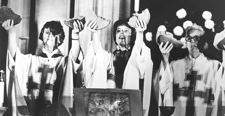 From left, the Revs. Alison Cheek, Carter Heyward and Jeannette Piccard celebrate a eucharistic service at Riverside Church in New York on Oct. 27, 1974. (RNS/Chris Sheridan)