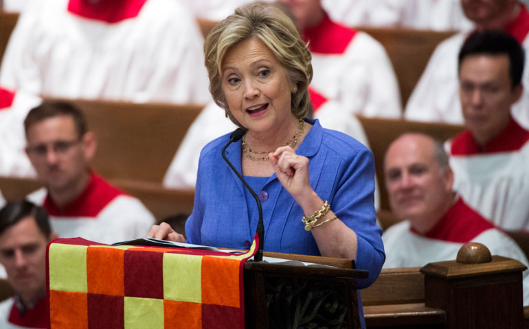 Hillary Clinton speaks at the Foundry United Methodist Church during its Bicentennial Homecoming Celebration in Washington, D.C., Sept. 13, 2015. (AP Photo/Molly Riley)