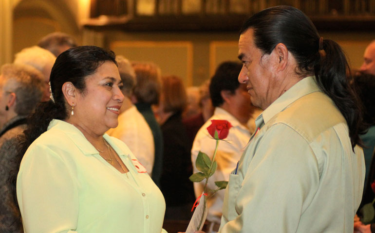 Wilber and Esther Gomez, parishioners at St. Mary's Cathedral in Grand Island, Neb., renew their wedding vows at a 2011 anniversary Mass. (CNS/West Nebraska Register/Mary Parlin)