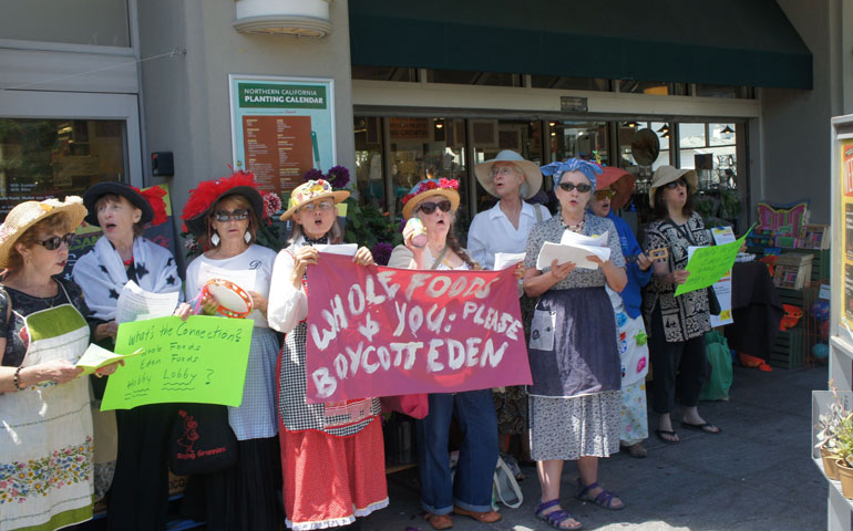Members of the Raging Grannies Action League, calling for a boycott of Eden Foods, protest at Whole Foods July 19 in Palo Alto, Calif. (Courtesy of Raging Grannies)