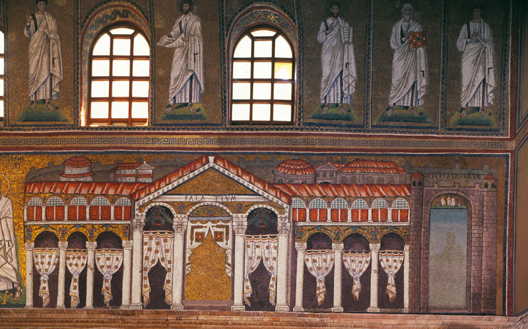 The mosaic of Theoderic's place, with figures removed, in Sant'Apollinare in Ravenna, Italy (Newscom/akg-images/Cameraphoto)