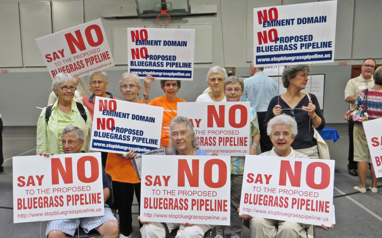 During a Williams Corp. open house Aug. 8 in Elizabethtown, Ky., Loretto sisters and co-members protest a proposed natural gas pipeline through the Loretto community’s land. (Katie Jones)