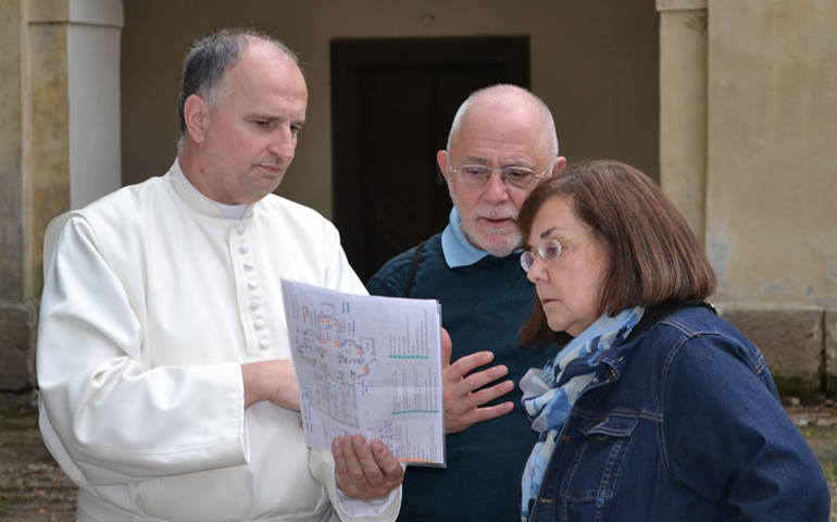 From left, Norbertine Fr. Adrian Zemek, Norbertine Fr. Andrew Ciferni of the United States, and Melissa Musick Nussbaum