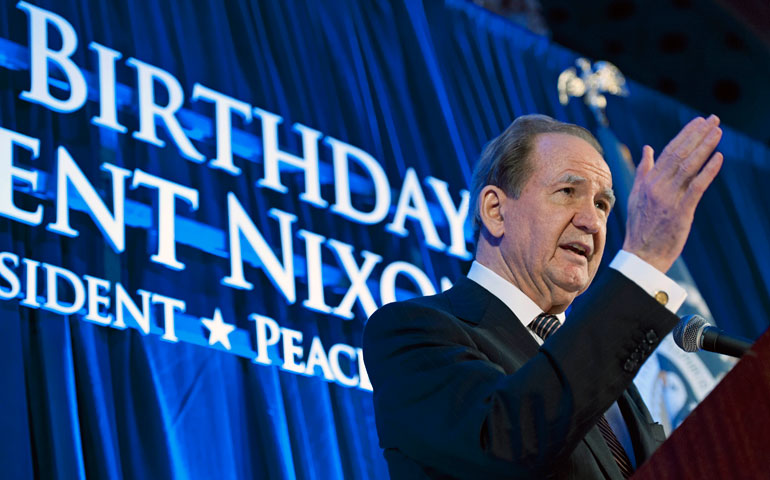 Pat Buchanan addresses the Richard Nixon Centennial Birthday Celebration in Washington, D.C., in January 2013. (AP Photo/Cliff Owen)